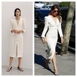 Zara Tweed Ivory Midi Dress with Gold Buttons - NWT